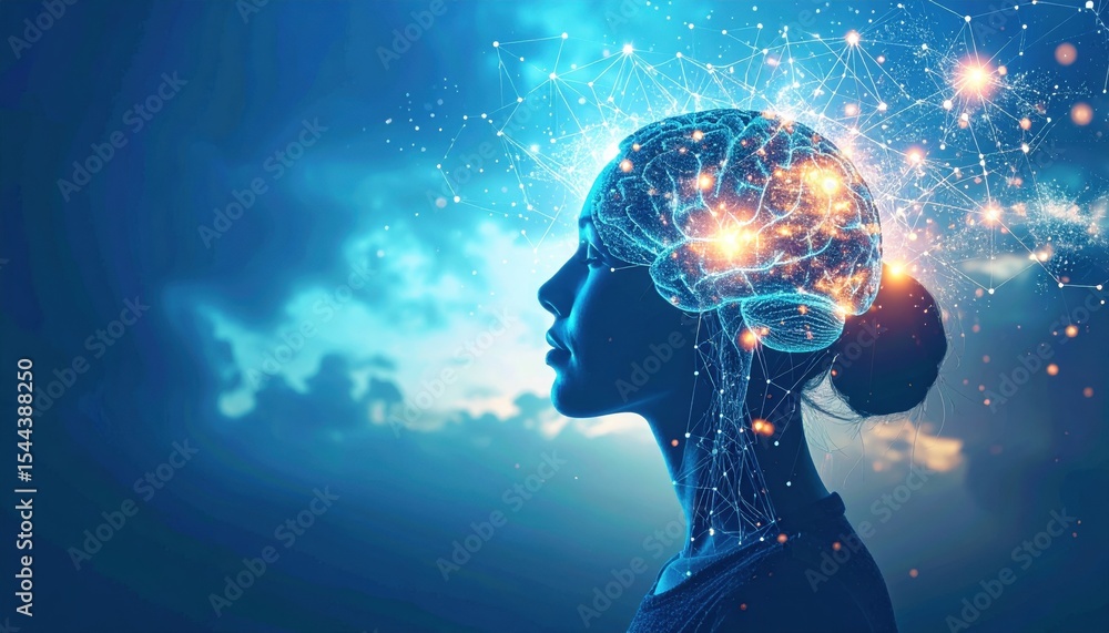 Poster futuristic concept of artificial intelligence and human brain integration with digital connections a