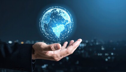 Futuristic Hand Holding Digital Globe with Connected Dots and Lines in Urban Landscape at Night, Symbolizing Technology and Global Communication