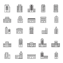 Collection of twenty five simple black and white building icons