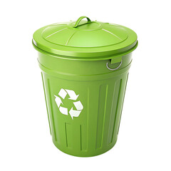 Green plastic recycle bin for waste paper and plastic coffee cups isolated on white