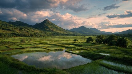 Fototapeta premium Breathtaking view of lush mountains and reflective rice fields.