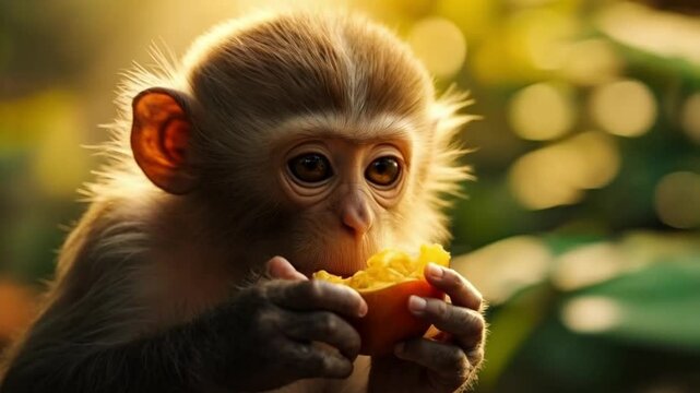 Close up of a baby monkey holding and eating a piece of fruit in a lush green environment video