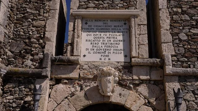 Stone memorial plaque commemorating Joachim Murat, King of Naples, located in Pizzo, Calabria, Southern Italy