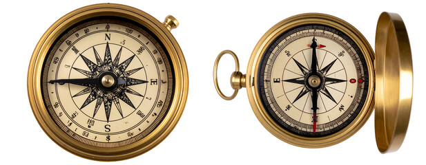 Vintage Brass Navigation Compass with Shadow, isolated on transparent background PNG
