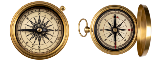 Vintage Brass Navigation Compass with Shadow, isolated on transparent background PNG