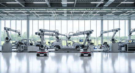 A wide view of a clean, bright, and fully automated futuristic factory where autonomous robots and robotic arms work in synergy to assemble products on an advanced assembly line.