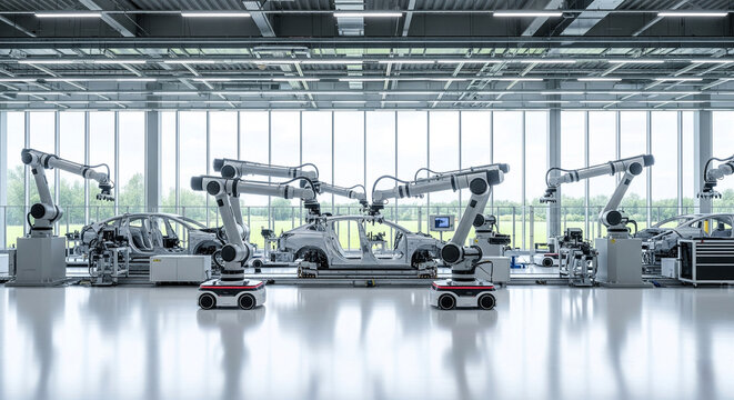 A wide view of a clean, bright, and fully automated futuristic factory where autonomous robots and robotic arms work in synergy to assemble products on an advanced assembly line.