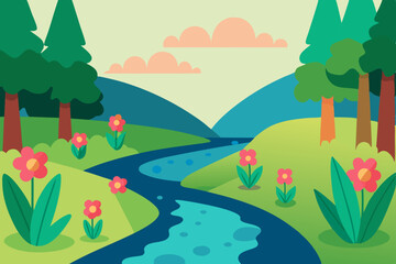 Obraz premium Serene River Landscape Tranquil Nature Scene with Blooming Flowers and Lush Greenery