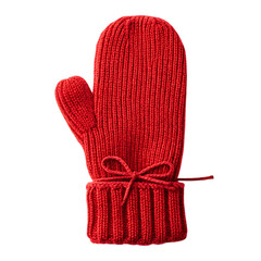 A pair of red knitted wool gloves isolated on white, perfect for warm winter fashion