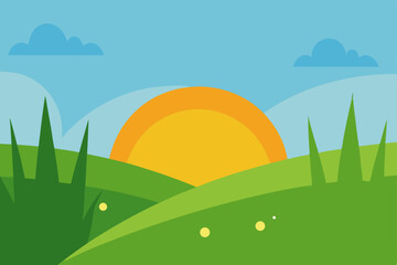 Serene Sunset Landscape Rolling Hills and Golden Sun