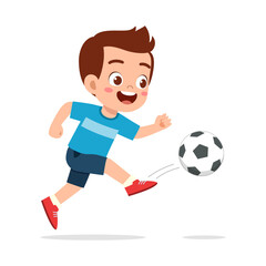 Obraz premium Excited Young Boy Kicking Soccer Ball, Wearing Blue Shirt, Having Fun Isolated on White
