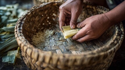 Hands preparing traditional rice dish in a woven basket.