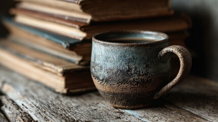Rustic Coffee Mug and Old Books
