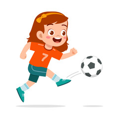 Happy Caucasian girl playing soccer, wearing orange shirt, kicking ball, with cheerful expression