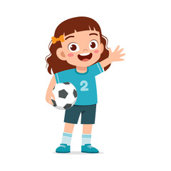 Happy Little Girl Holding Soccer Ball Waving Hand with Joyful Expression Illustration
