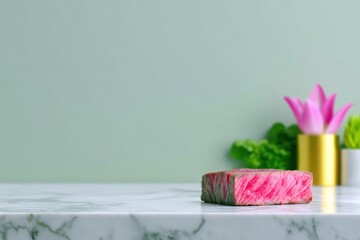 Closeup of a Rare Wagyu Steak on Marble Surface with Pink Flowers