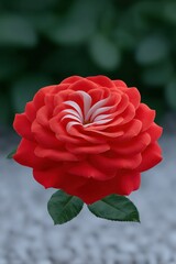 Closeup of a Red and White Hybrid Rose Blooming in a Garden