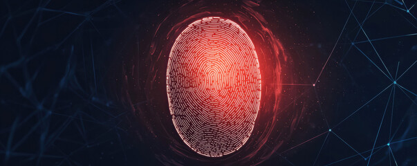  red-highlighted fingerprint with digital lines and a dark blue network background symbolizes biometric security and digital identity.