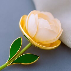 Closeup of an Elegant Gold and White Enamel Flower Brooch