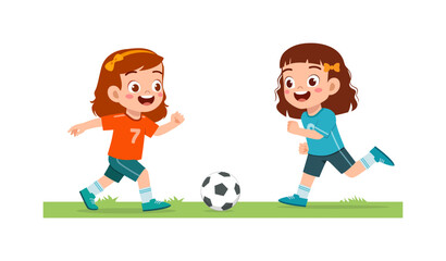 Two happy girls are playing soccer on grass, smiling expression, having fun in illustration style