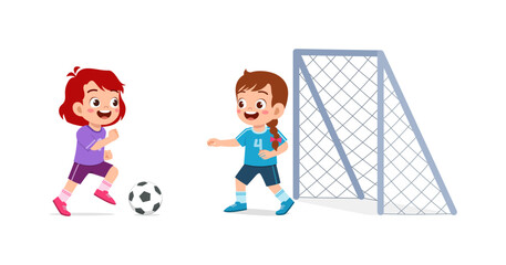 Two cheerful kids playing soccer near a goal, smiling and having fun illustration