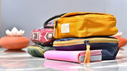 Closeup of Stacked Colorful Pouches and a Pink Notebook