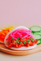 Closeup of Spicy Pork Bao with Pickled Vegetables on Wooden Plate