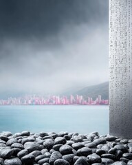 Coastal Cityscape with Grey Stone Texture and Foggy Atmosphere