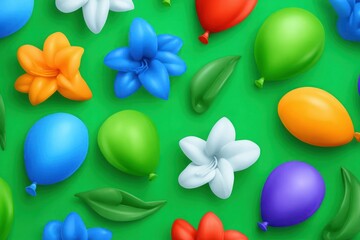Colorful Balloons and Lilies on Green Background