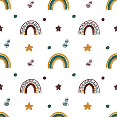 Seamless pattern with watercolor illustrations of rainbows, stars. Pattern for kids textile, fabric, wrapping paper, backdrops. 
