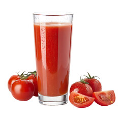 Fresh red tomato juice in a glass with ripe tomatoes, a healthy and refreshing vegetable drink