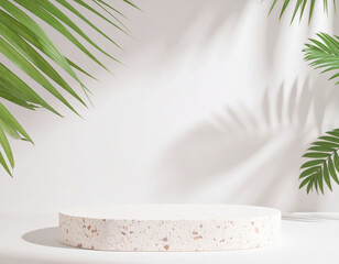 Warm White Setup with Circular Stone Base and Soft Green Leaves