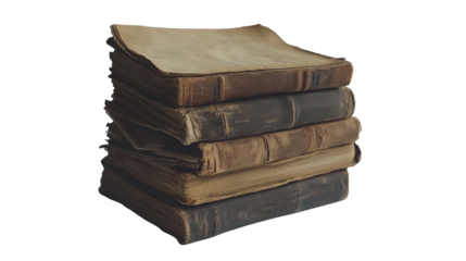 A stack of old, brown books isolated on a transparent background evokes a sense of antique literature, wisdom, and educational pursuit. PNG