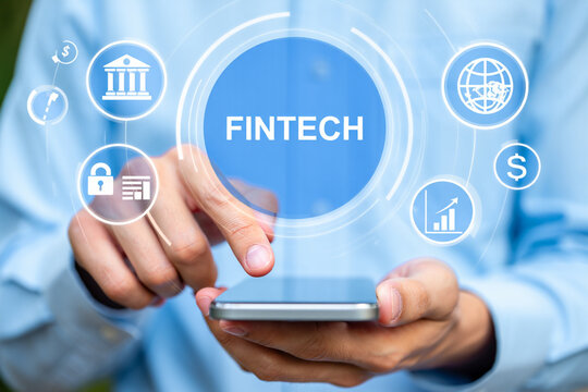 Person using smartphone with Fintech interface showing financial technology icons - Powered by Adobe