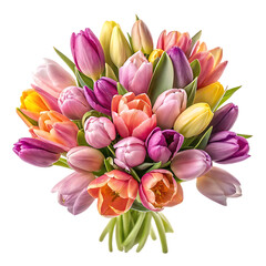 A beautiful spring bouquet features pink and yellow tulips with delicate pink lilies