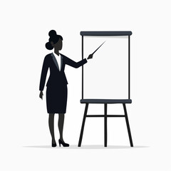 Black silhouette of a confident businesswoman pointing at a board during a corporate meeting or seminar, flat vector design for leadership, training, and teamwork visuals