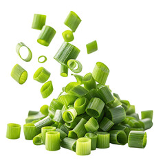 Fresh, healthy green vegetable cubes and arrows, with sliced onions and celery, are isolated for organic cooking.