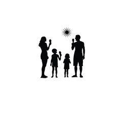 Silhouette of a family enjoying ice cream in the sun on white background
