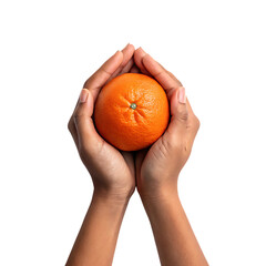 Fresh human hands gently holding a ripe, juicy orange