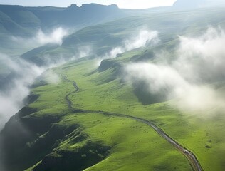 Winding Road Through Misty Mountains