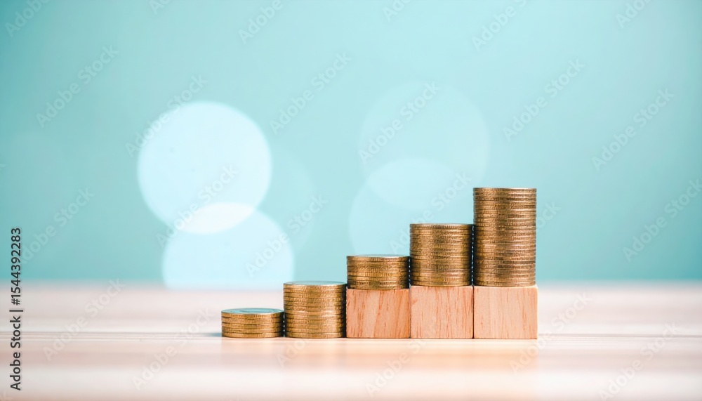 Poster stacked coins on wooden blocks displaying financial growth against a soft blue background with bokeh