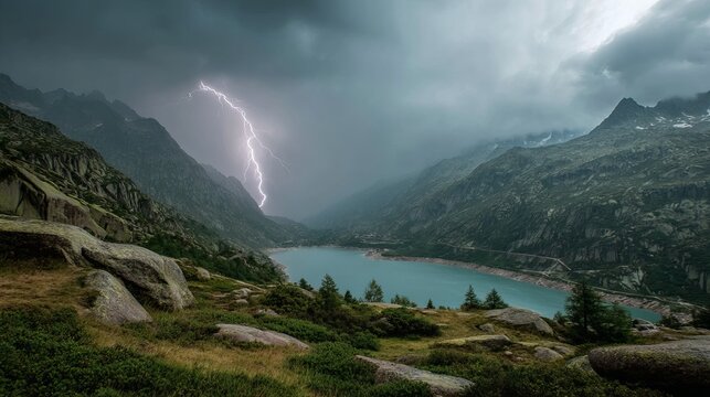 Dramatic thunderstorm over grimsel mountain pass with dark clouds and lightning