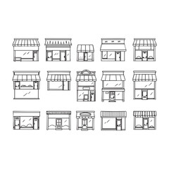 Collection of sixteen line art store fronts various styles