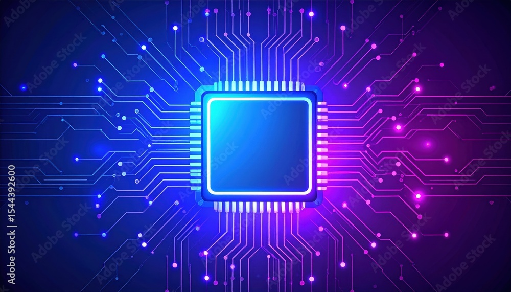 Poster abstract design of microchip with colorful circuit board in blue and purple light on dark background
