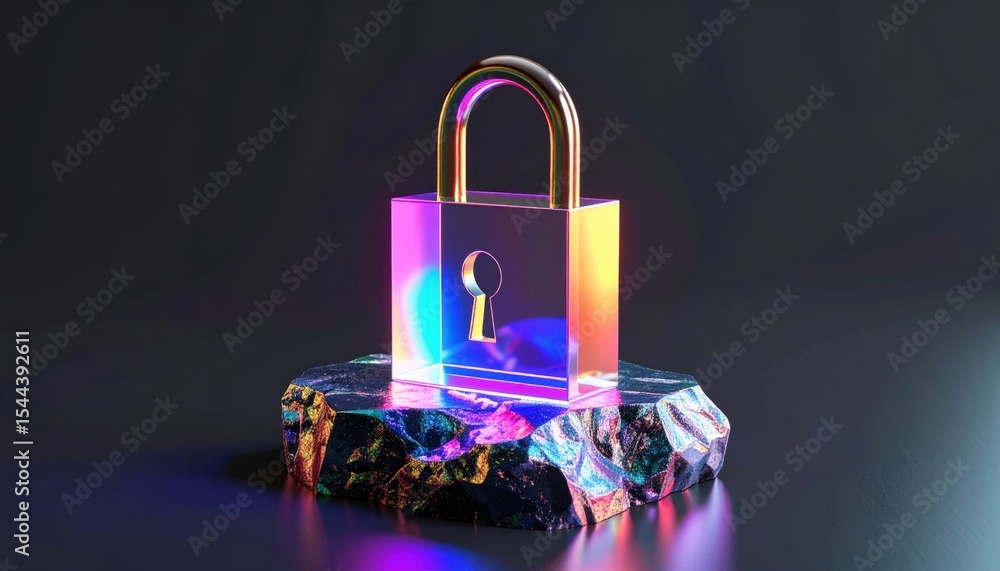Poster futuristic transparent padlock on colorful stone base with keyhole highlighting security concept in 