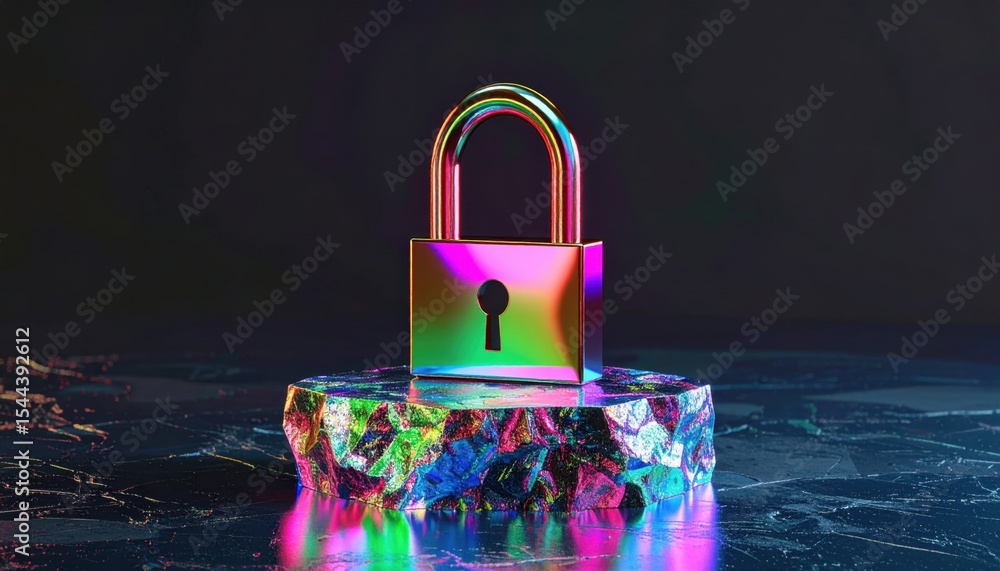 Poster colorful lock on iceberg surface with abstract background reflecting light at various angles and cre