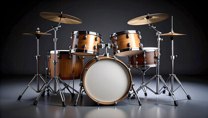 Elegant Wood Drum Kit with Cymbals on a Dark Stage