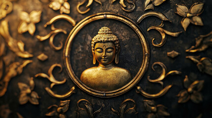 Intricate Golden Buddha Sculpture Surrounded by Floral Embellishments and Textured Background