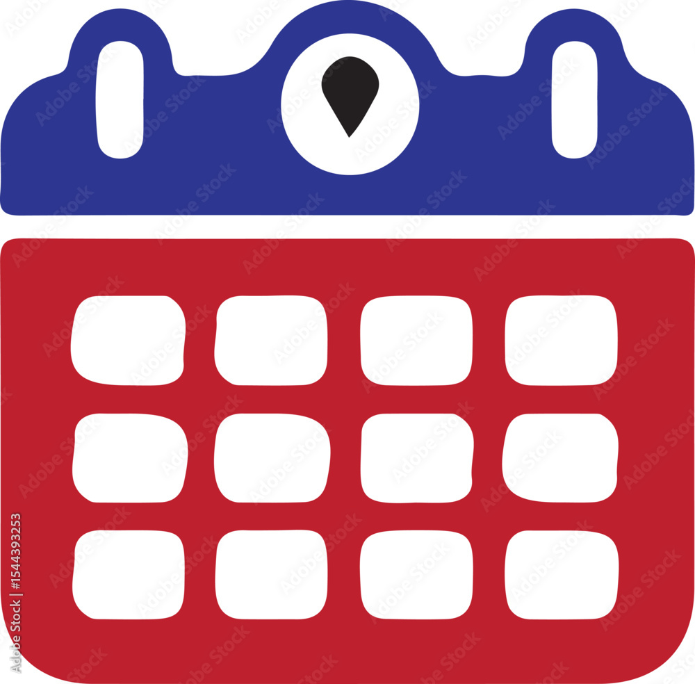Poster a calendar icon with a blue top and red bottom with white squares representing the days of the month