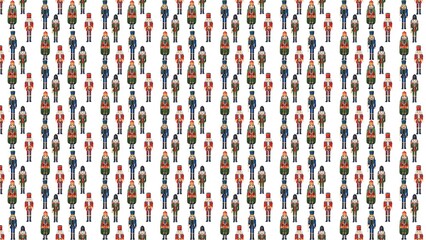 A dense pattern of christmas nutcracker figures in red green and blue on a white background christmas theme